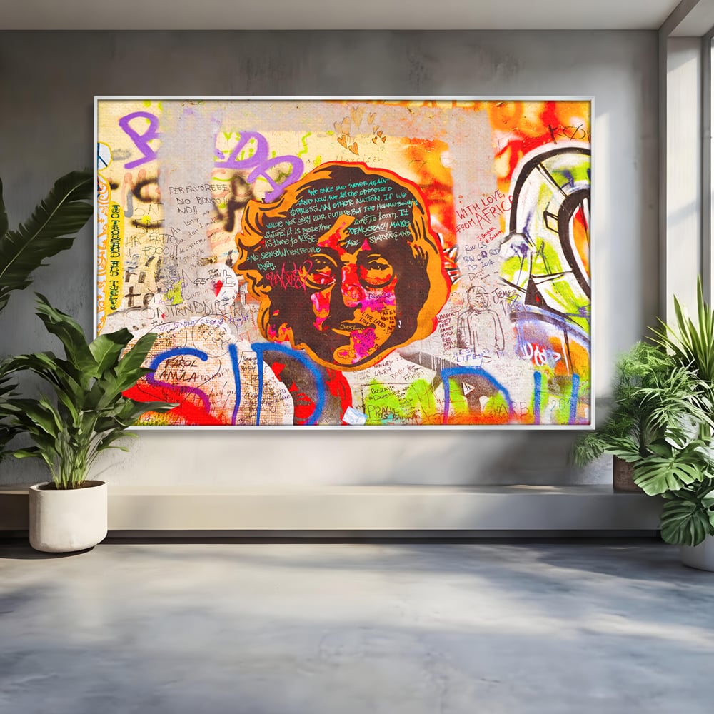 Tablou canvas cu tablou canvas cu john lennon si graffiti, in rama de aluminiu argintiu